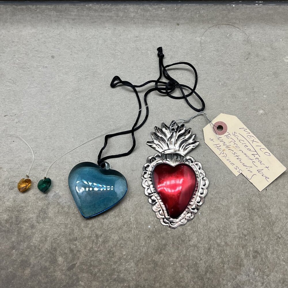 4-Hearts Bndl: 2 Mini Heart Suncatchers/Blue Glass Heart/Tin Mexico Sacred Heart